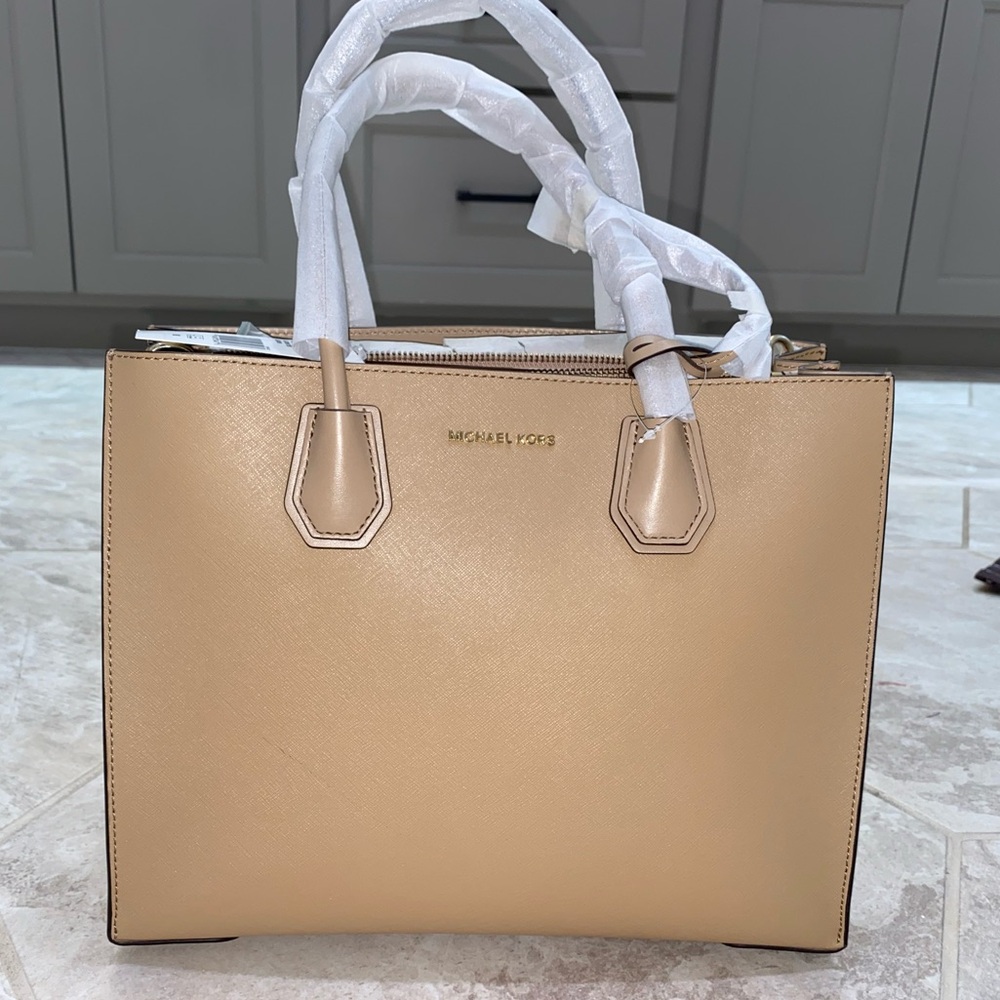 Michael Kors Saffiano Leather Satchel in Beige